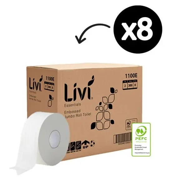 Livi 1100E Essentials Jumbo Toilet Tissue 2 Ply 300m 8 Rolls